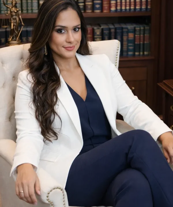 Sabrina Rodrigues sentada em uma poltrona no escritório