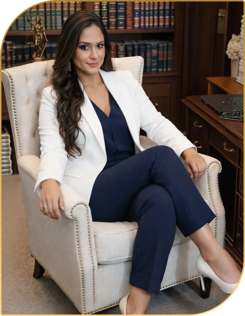 Sabrina Rodrigues sentada em uma poltrona no escritório